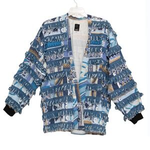 VTG Denim Fringe Jacket Sz L Oversized Boho Art Pastel 80's Boho Eclectic Artsy